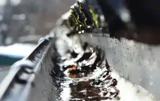 Conifer Gutter Services: Water dripping from a mossy gutter with leaves, highlighting the need for cleaning and maintenance to prevent water damage.