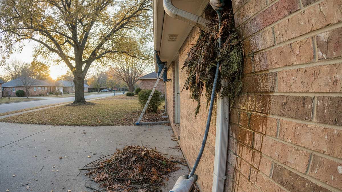 Clogged Downspout: Common Causes, How to Unclog It Safely, and Tips to Prevent Future Blockages Person cleaning clogged gutter on suburban home - Clogged Downspout: Common Causes, How to Unclog It Safely, and Tips to Prevent Future Blockages