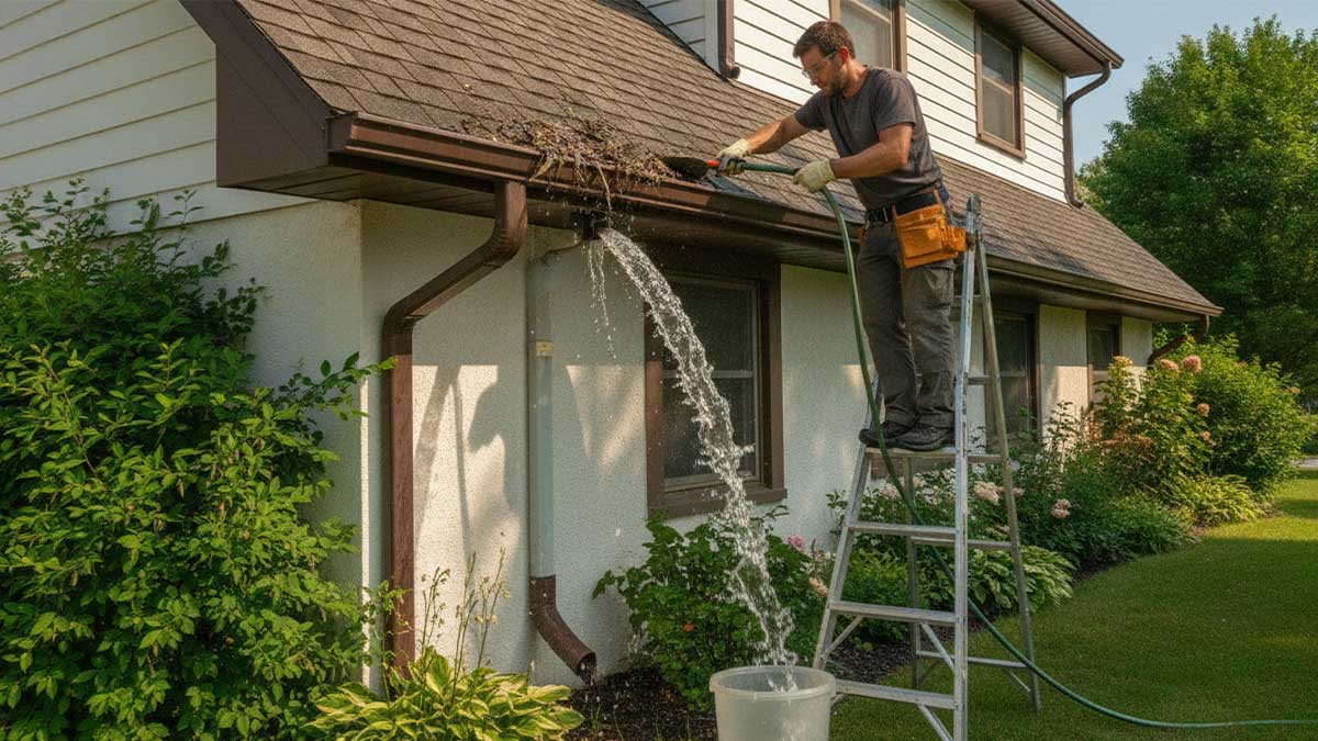 Man cleaning house gutter with hose and ladder - Clogged Downspout: Common Causes, How to Unclog It Safely, and Tips to Prevent Future Blockages