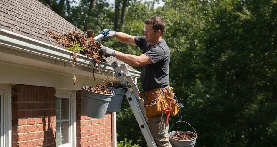 Man cleaning house gutters on ladder - The Best Ways to Extend the Life of Your Gutters